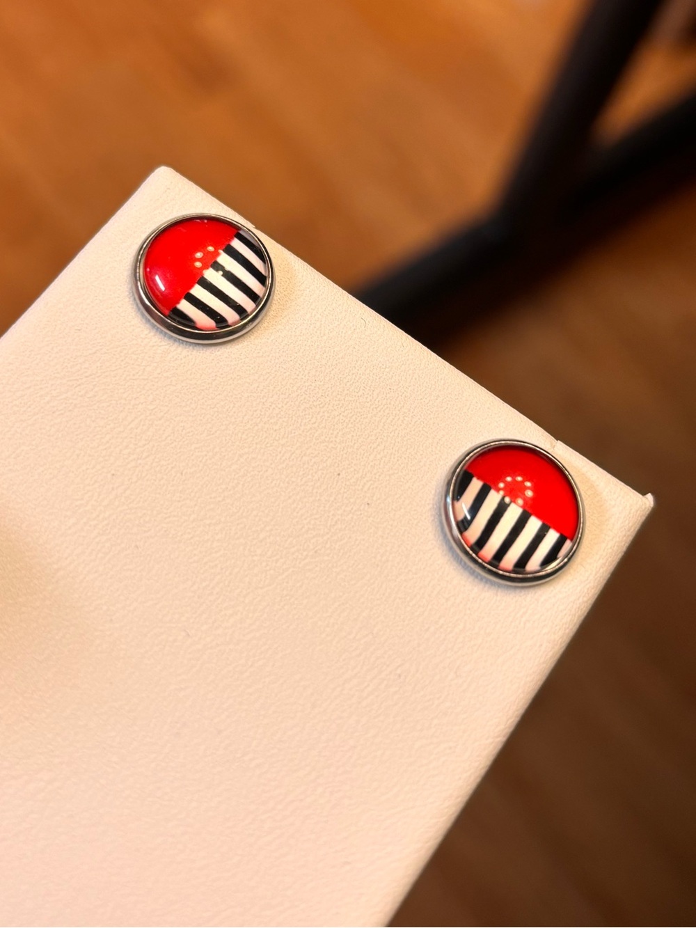 New modern dome Red w Black & white Stripes Round Stud Earrings